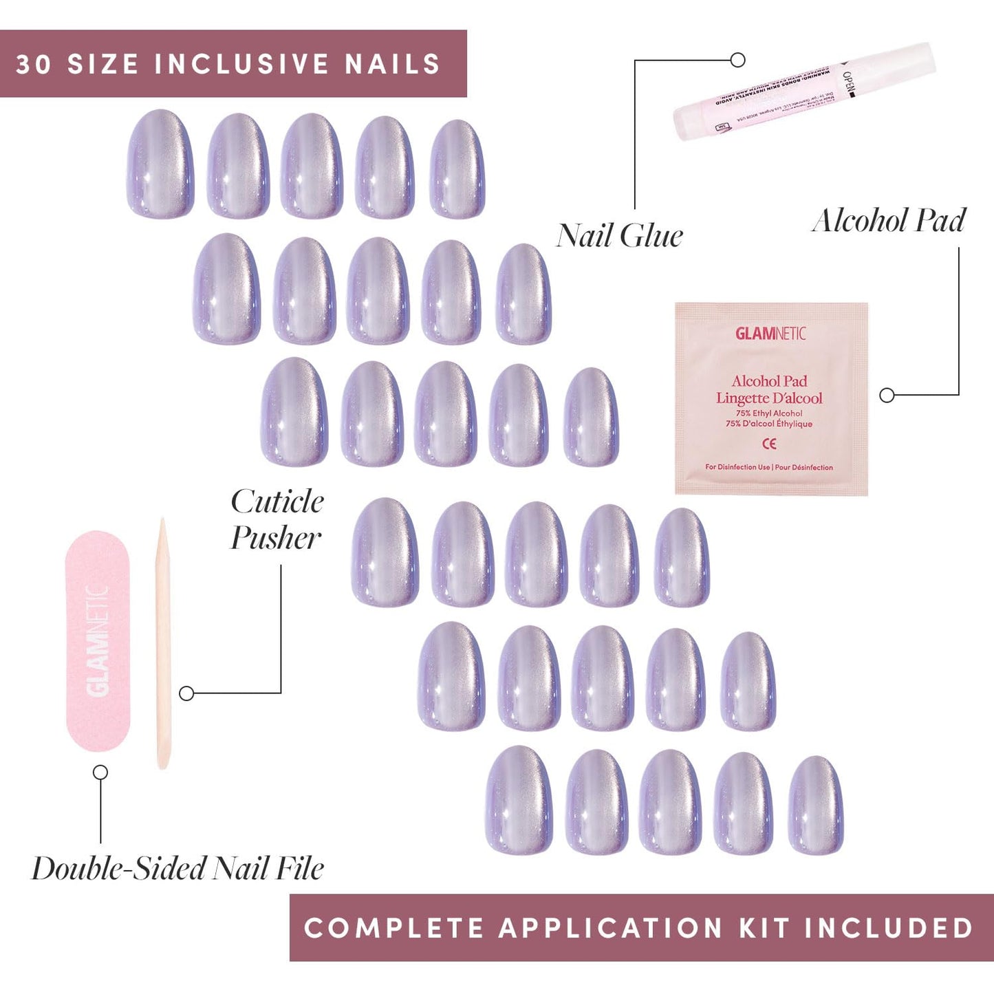 Glamnetic Press On Nails - Mermaid's Tail | Short Oval Purple Cat Eye Velvet Finish | 30 Nail Kit with Glue, 15 Sizes Available