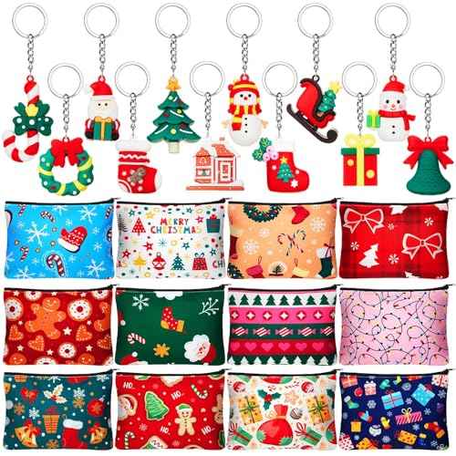 Kacctyen 24 Pcs Christmas Cosmetic Bags and Keychains for Women Makeup Bags with Zipper Santa Snowman Bells Candy Cane Keychain Toiletry Organizer for Christmas Party Favor Xmas Gifts