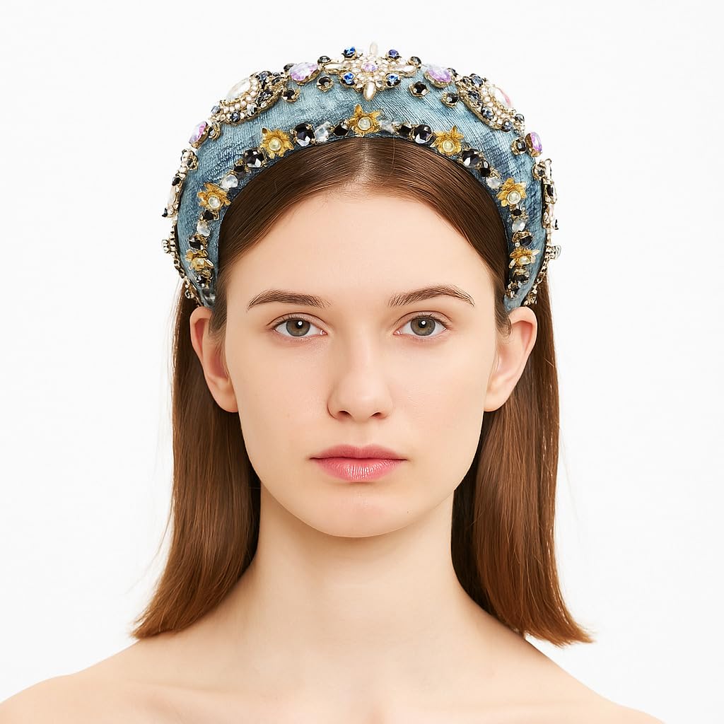 Florate Luxury Baroque Big Wide Crystal Headband for Women Pearl Rhinestone Bead Decorative Hairband Jeweled Head Hoop Party Accessories (HDDY1081-blue)