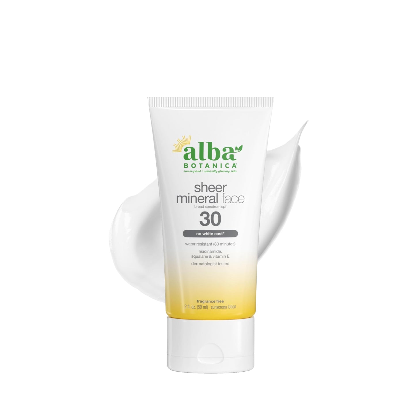 Alba Botanica Sunscreen for Face, Fragrance-Free Sheer Mineral Face Sunscreen Lotion, Broad Spectrum SPF 30, Water Resistant and Biodegradable, 2 fl. oz. Bottle (Packaging May Vary)