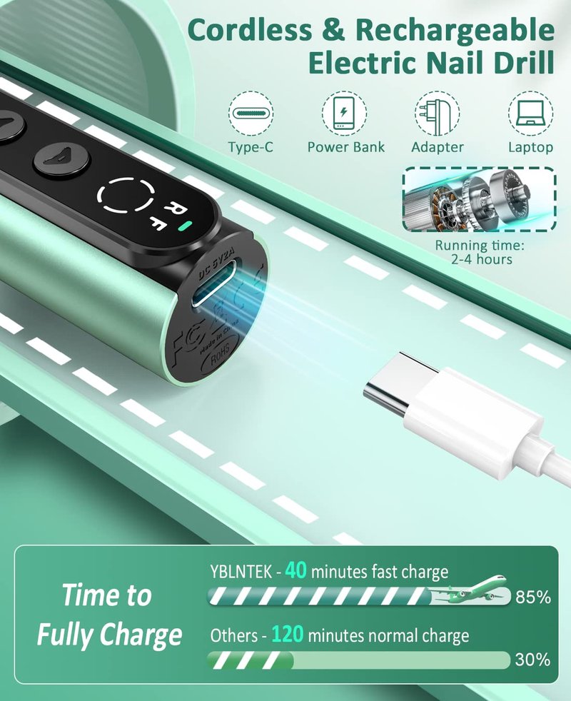 YBLNTEK Cordless Nail Drill, 35000RPM Rechargeable Nail Drill Machine for Acrylic Gel Nails, Portable Electric Nail File Kit for Home Salon Manicure Pedicure and Polishing, Green