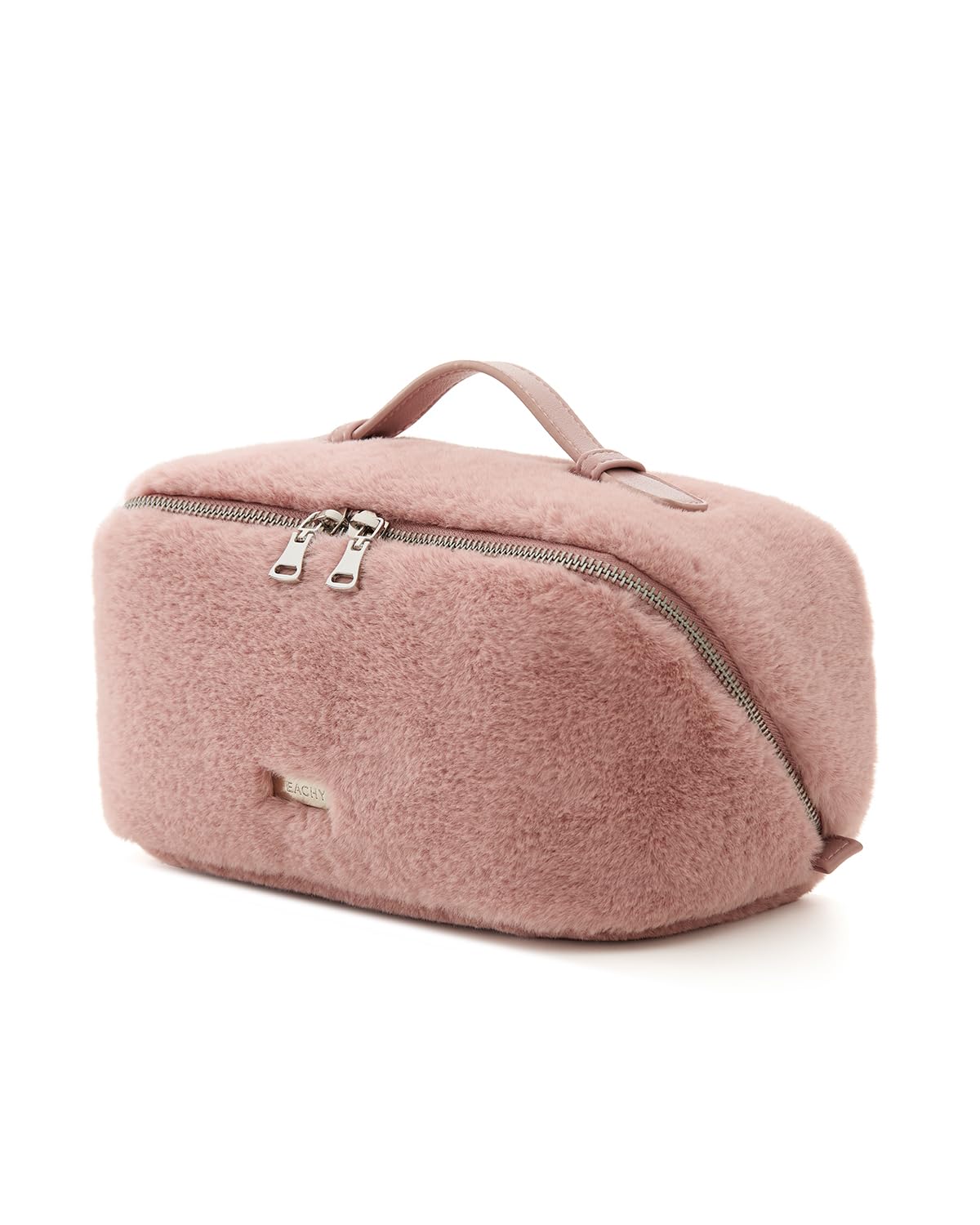 EACHY Travel Makeup Bag,Cute Faux Fur Cosmetic Bag for Women,Portable 180°Wide-Open Flat Make Up Bag,Large Capacity Makeup Pouch Make Up Organizer with Divider and Handle