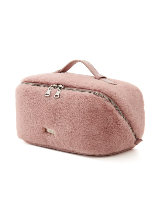 EACHY Travel Makeup Bag,Cute Faux Fur Cosmetic Bag for Women,Portable 180°Wide-Open Flat Make Up Bag,Large Capacity Makeup Pouch Make Up Organizer with Divider and Handle