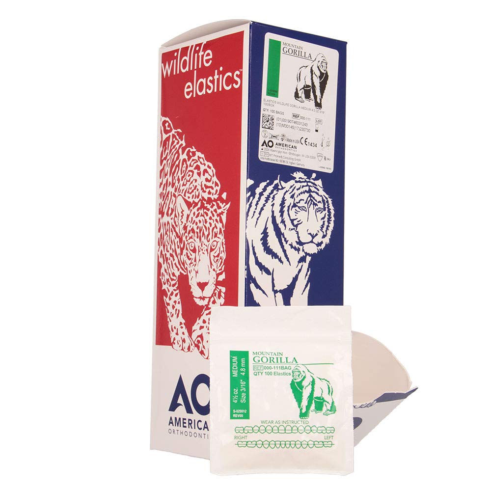 American Orthodontics Elastics Wildlife Gorilla | Medium, 4.5 Oz, 3/16" Size, 100 Packs Per Box, 10,000 Total | Made in The USA | Exacting Dimensions, Precision Cutting, Top Quality Latex Tubing