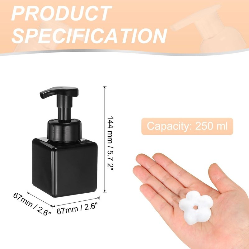 Square Foam Pump Bottle - 250ml Refillable Plastic Dispenser for Lash Shampoo, Hand Soap | Black
