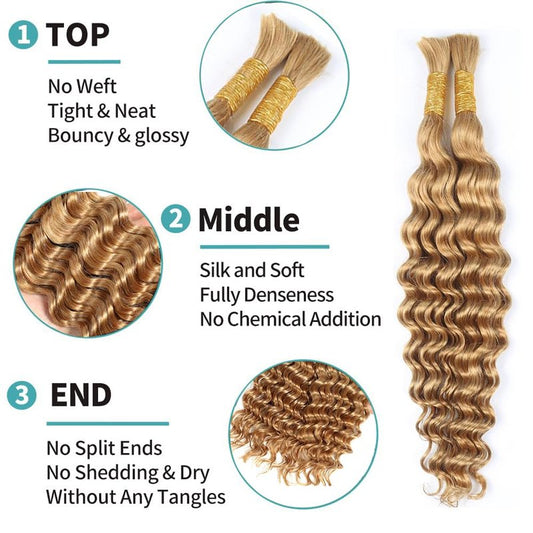 Deep Wave 2 Bundle Bulk Human Hair for Braiding Highlight Honey Blonde Curly Hair Extensions for Boho Braids Wet and Wavy Color 27 Human Braiding Hair Blonde Braiding Hair 90g 16 Inch