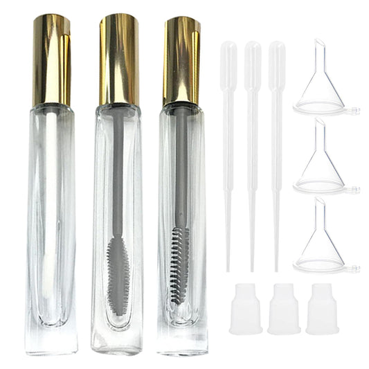 dootdott Empty Mascara Tube and Wand Glass, 3PCS 10ml Empty Mascara Tube and Lip Gloss Tubes, Eyelash Spoolies with Tube, Eyelash Growth Packing Tube Container for Home and Travel (B)