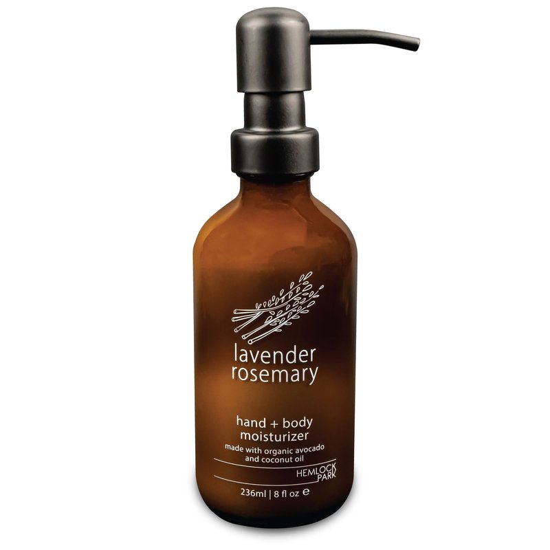 Hemlock Park Lavender Rosemary Hand & Body Lotion | Nourishing Moisturizer with Coconut Oil, Avocado Oil, Almond Oil & Plant-Based Essential Oils | 8 oz Glass Bottle