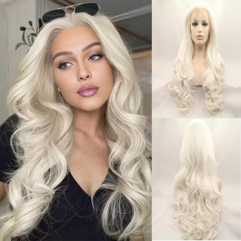 xiweiya 60# Platinum Blonde Wavy Lace Front Wig Long White Blonde Wavy Curly Synthetic Lace Front Wig White Queen Wig 13x3 Lace Wig Heat Resistant Hair 180% Density Wigs for Woman Drag Queen 24inch