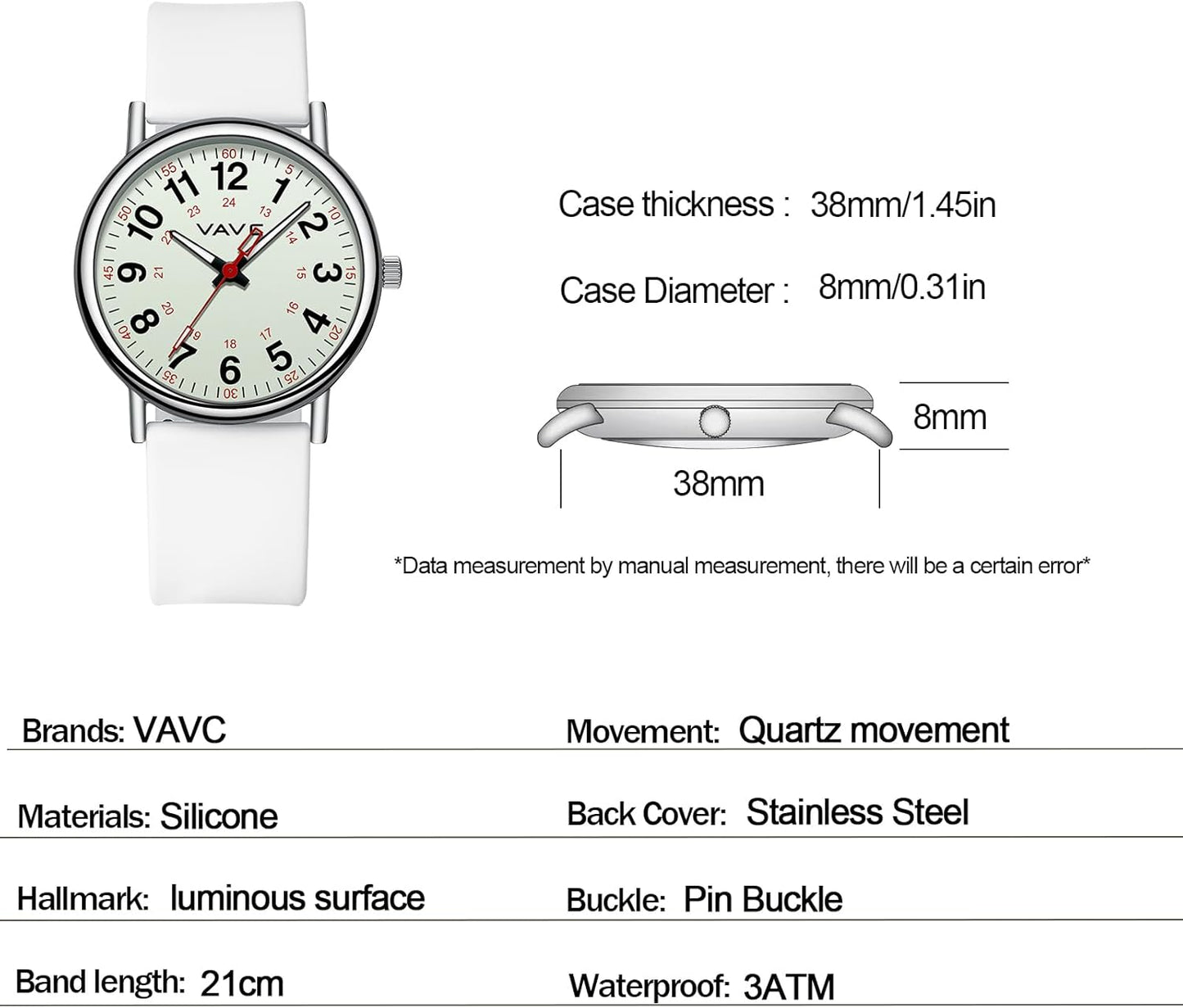 Waterproof Analog Nurse Watch for Nurses,Students,Medical Professionals,Women Men,with Luminouse Easy Read Dial,Military Time,Second Hand and 24 Hour,Comfortable Silicone Band.