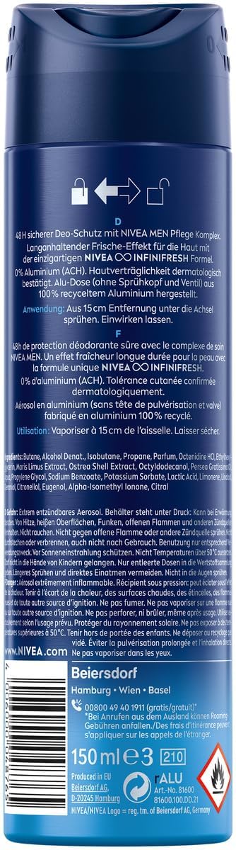 NIVEA Men Fresh Active Deodorant Spray 6 x 150 ml Pack of 6