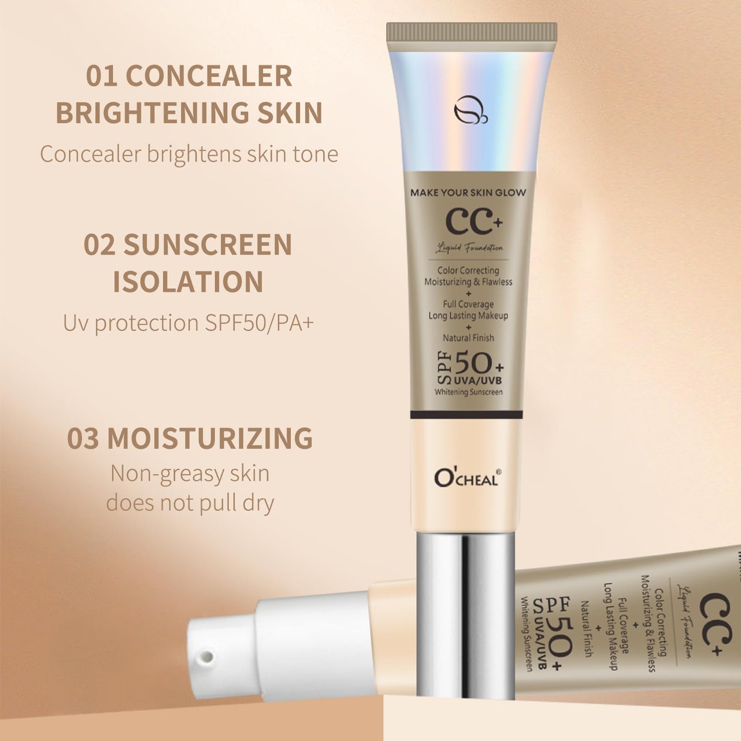 O'CHEAL Full Coverage CC Cream Foundation for Women with SPF 50+ (Nature)