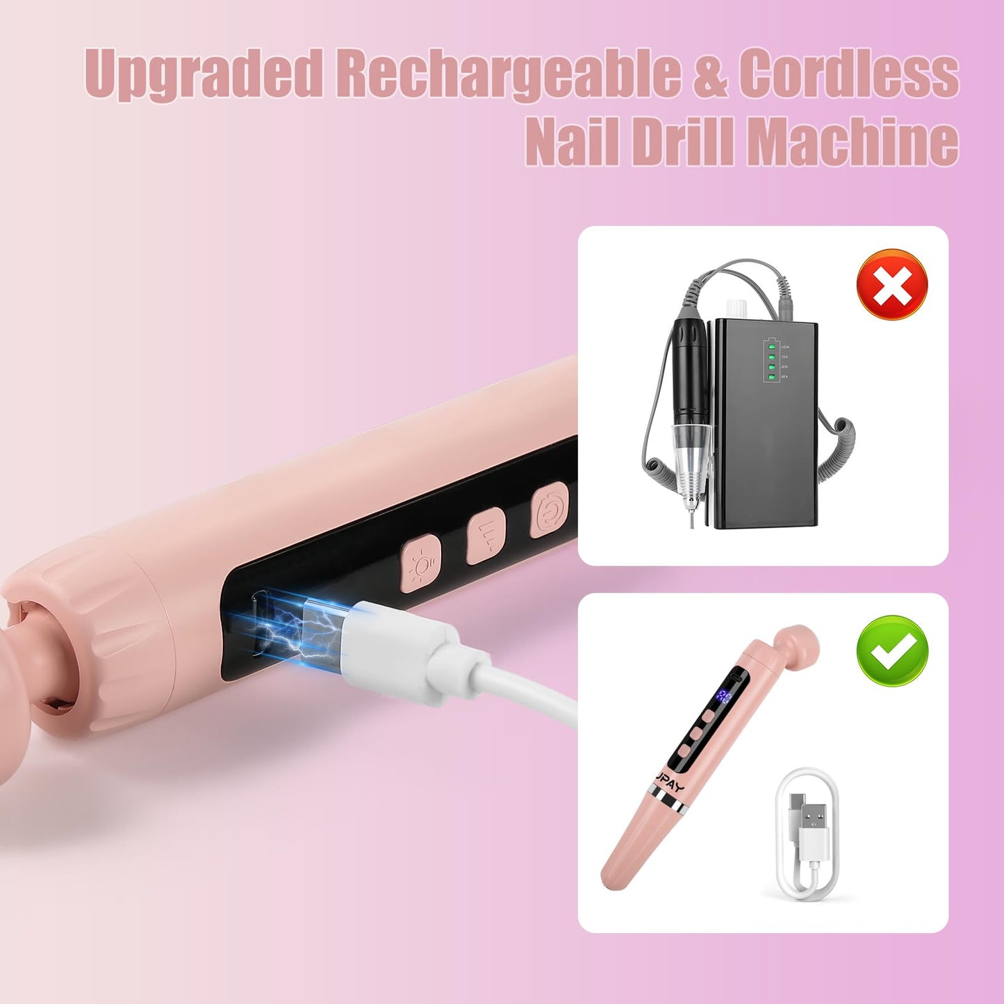 GUPAY Electric Nail Files, Cordless Rechargeable Nail Drill Machine for Natural Acrylic Gel Nails, Professional Portable Efile Manicure Pedicure Kit for Girl Women Mum Home Use Beginners