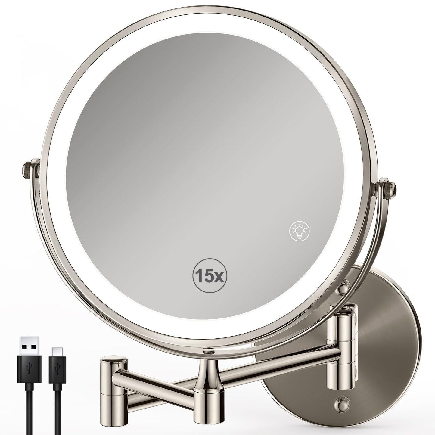 GREENFROM Magnifying Mirror with Lights 1x/15x: 8.5" Double Sided Wall Mounted Lighted Makeup Mirror for Bathroom, Brushed Nickel
