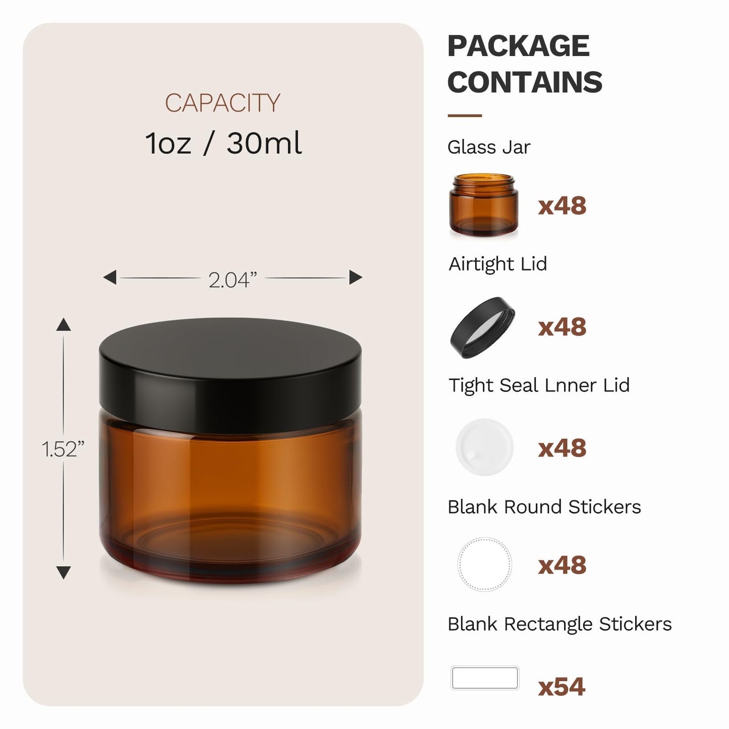 1 oz Glass Jars with Lids, Bumobum 48 pack Amber Cream Jars with Black Lids, Black and White Labels & Inner Liners, Empty Cosmetic Containers for Homemade Balms, Lotion, Salve, Ointment, Body Scrub