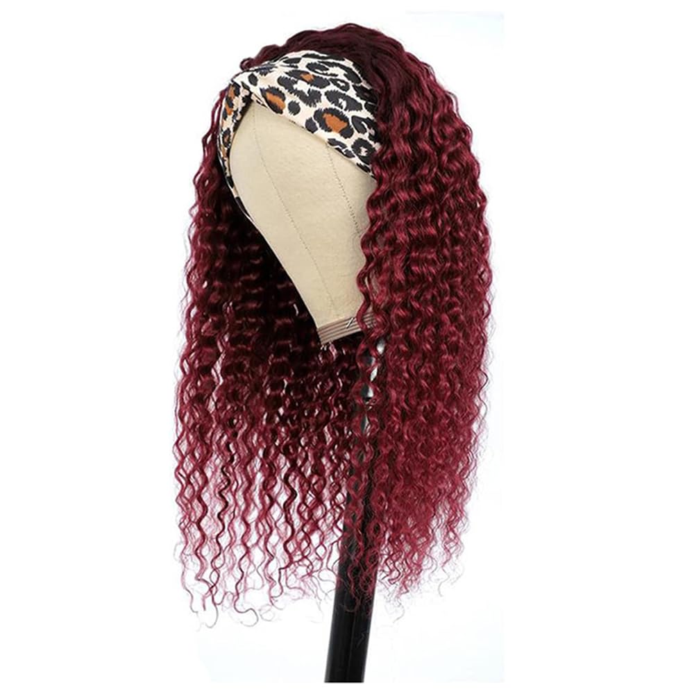 Ombre 1B99J Deep Wave Headband Wig Burgundy Human Hair Wig Dark Root 130% Density Brazilian Virgin Hair Machine Made Wigs for Women Wine Red Color 14 Inch