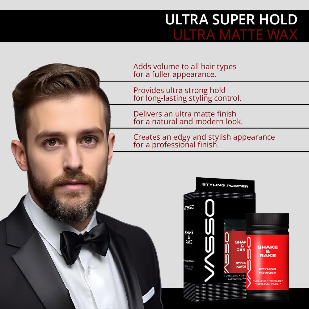 Vasso Shake & Rake Styling Powder for Men, Matte Finish Hair Volumizing Powder, Lightweight Texture Powder for Strong Hold & Natural Look, Barber Style Hair Powder