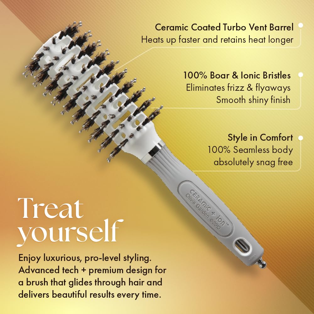 Olivia Garden Ceramic + Ion Turbo Vent Combo Hair Brush - Not Electrical - Ionic and 100% Boar Bristles - Professional Round Blowout Brush for Normal to Thick Hair