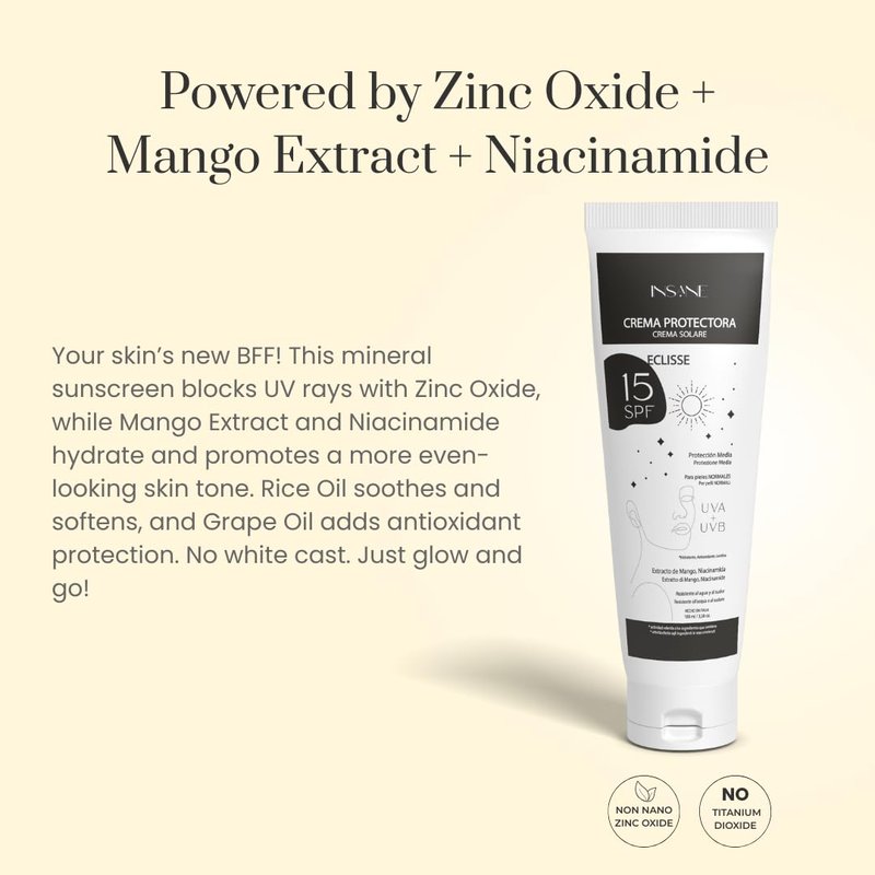 INSANE GLOW Mineral Sunscreen SPF 15 with Non-Nano Filters — Broad Spectrum UVA/UVB support, Niacinamide — Mango Extract & Rice Bran Oil — Matte Finish, Water & Sweat Resistant — 3.38 fl oz