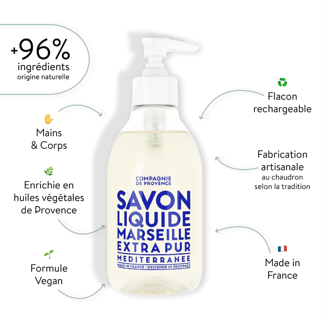 Compagnie de Provence Savon de Marseille Extra Pure Liquid Soap - Mediterranean Sea - 10 Fl Oz Plastic Pump Bottle