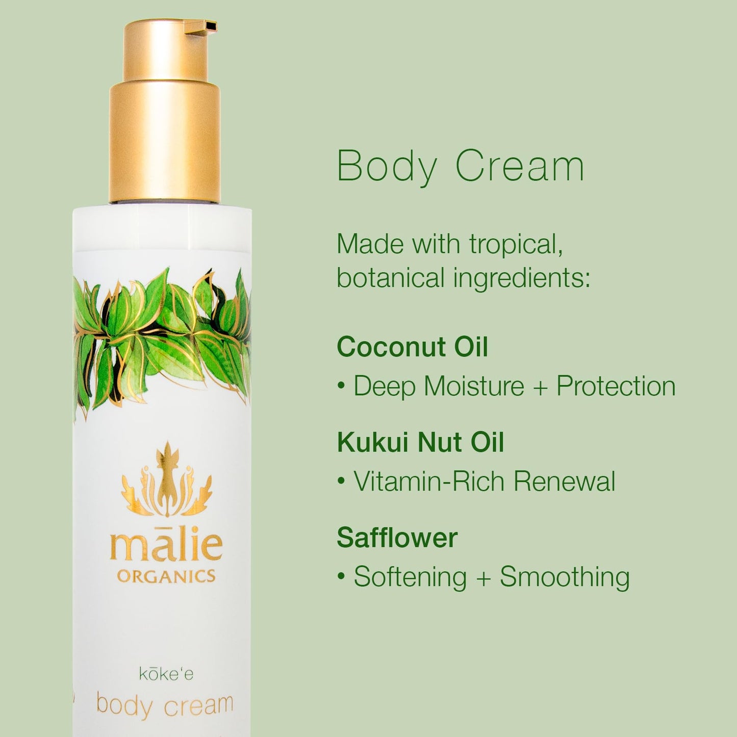 Mālie Organics Body Cream, Kōke‘e Scent, Deep Hydration, Coconut Oil + Kukui Nut Oil + Aloe + Chamomile, Vegan, 7.5 oz