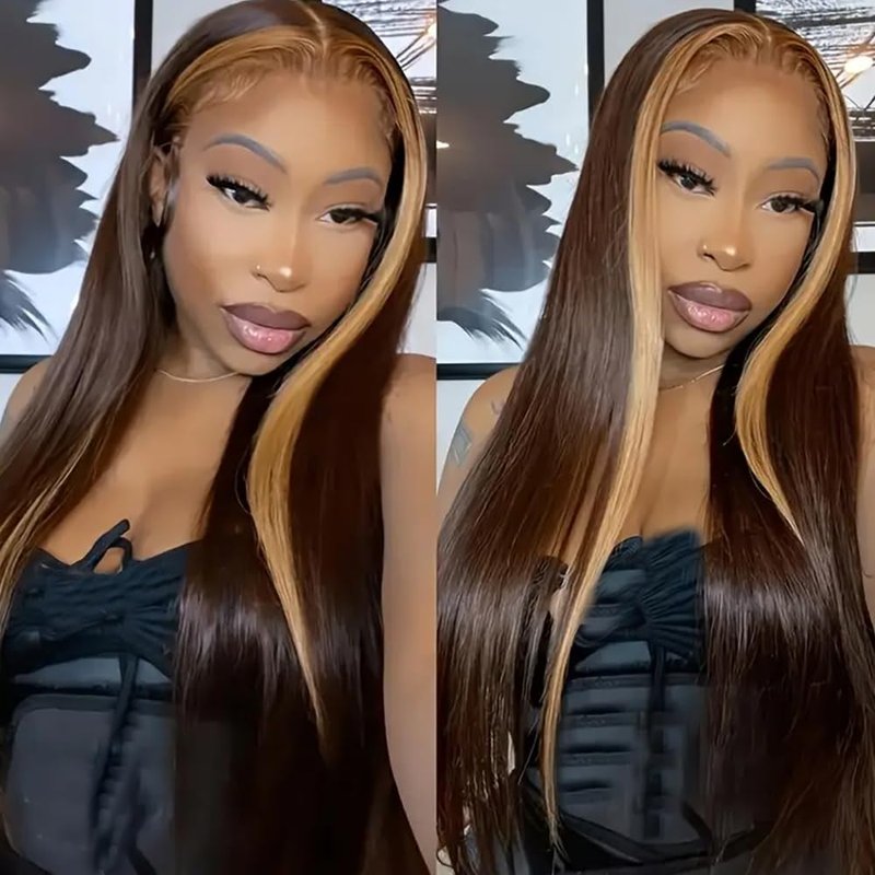 QD-Tizer Brown Hair Color Lace Front Wig Long Straight Hair Wigs Honey Blonde Face Framing Highlights Heat Resistant Synthetic Lace Front Wigs for Fashion Women