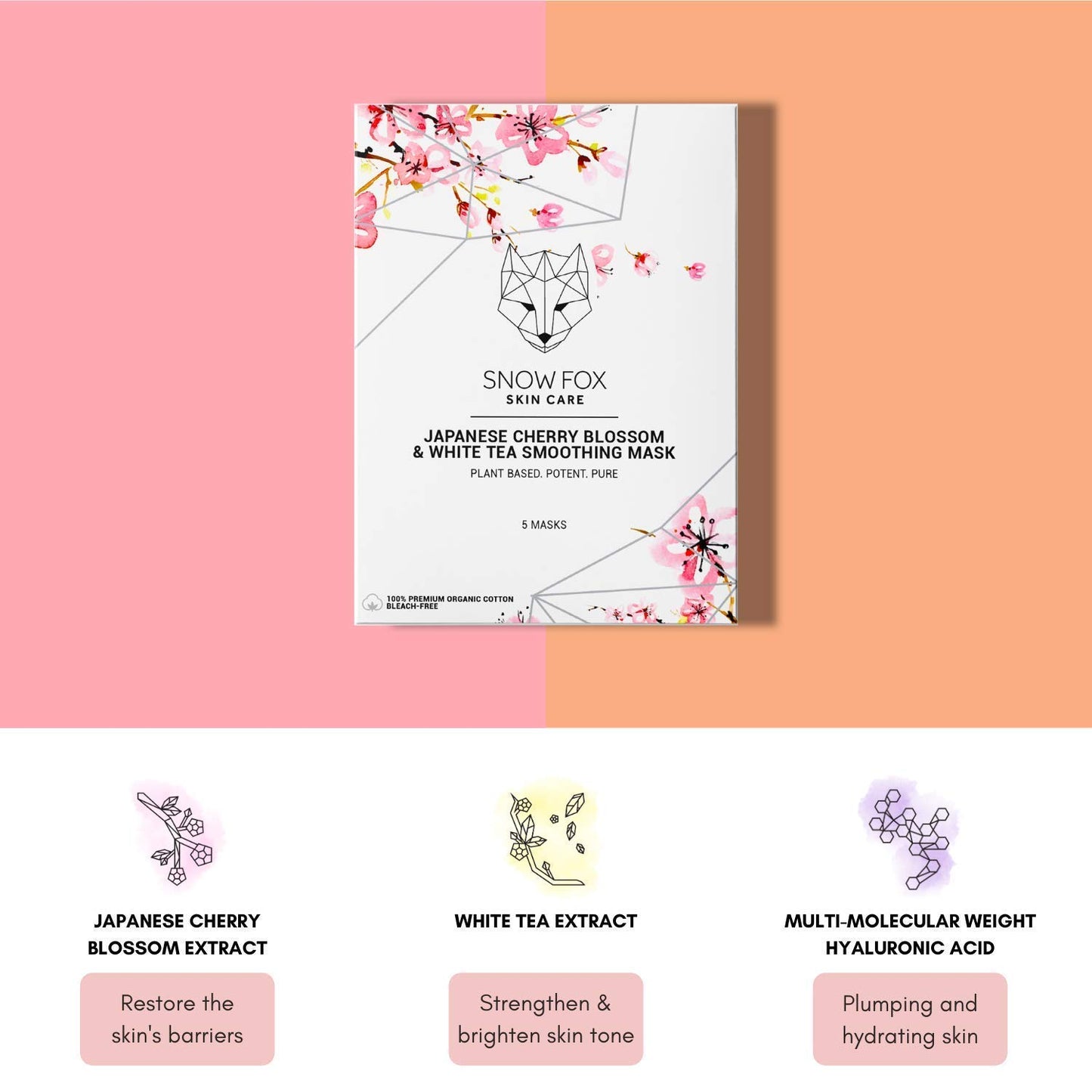Snow Fox Japanese Cherry Blossom & White Tea Smoothing Sheet Mask – Hydrating Face Mask for Glass Skin Glow & Bridal Makeup Prep – Moisturizing Facial Skin Care for all Types – 5 Pack