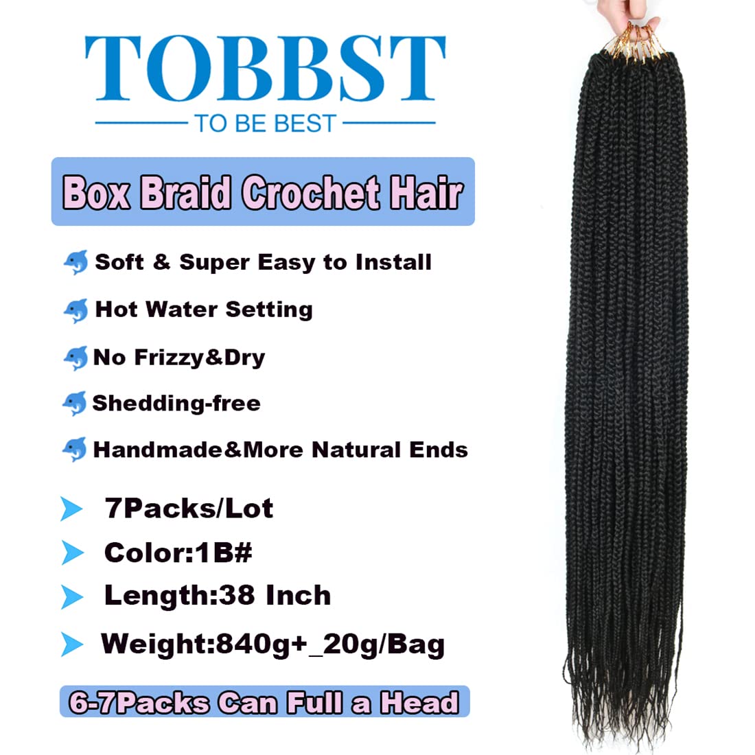38 Inch Crochet Box Braids Pre Looped 7 Packs Box Braid Goddess Box Braids Crochet Hair Extensions Straight Crochet Hair For Women Crotchet Braid Hair Bundle (38 Inch（Pack of 7）, 1B#)