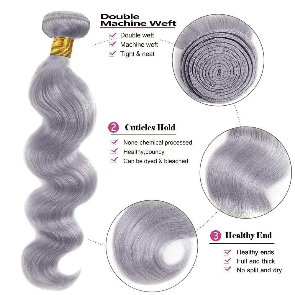 Grey Body Wave Human Hair Bundles 3 Bundles Body Wave Hair Brazilian Virgin Human Hair Extensions Unprocessed Hair Bundles for Women 12 14 16 Inch 300g