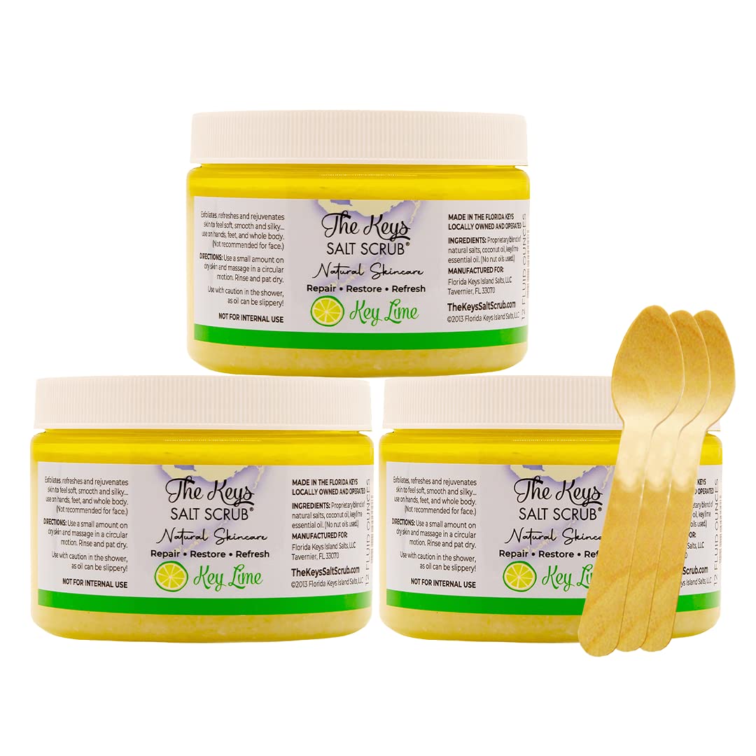 The Keys Salt Scrub -Sea Salt Scrub - Exfoliating Body Scrub with Wooden Spoon - Moisturizing Exfoliator for Hands, Foot, Bath, (12 Ounce (Pack of 3), Key Lime)