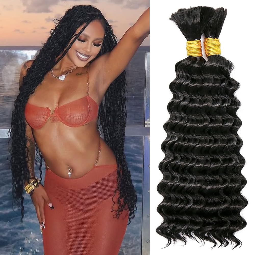 Leruikair Deep Wave Natural Black Human Braiding Hair 50g Per Bundle 2 Pcs Total 100g 16 Inch Brazilian Virgin Bulk No Weft Braiding Human Hair Natural Color for Black Women
