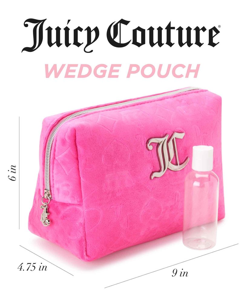 Juicy Couture Hot Pink Makeup Bag Cosmetics Organizer Travel Essentials Zip Top Wedge Velour Heart Crown