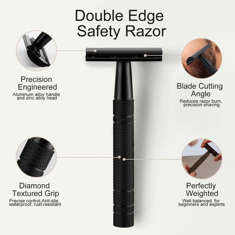 Matte Black Safety Razor - Single Blade Razor for Men | Eco-Friendly, Reusable Metal Design with 10 Stainless Steel Blades