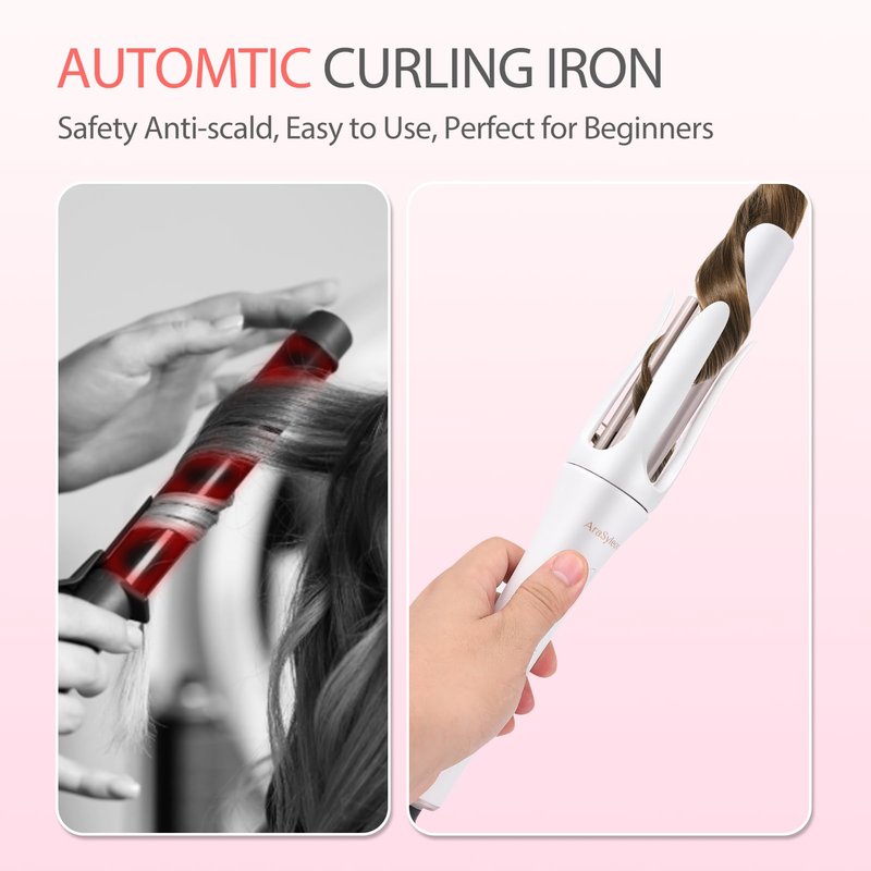 Automatic Hair Culer, Auto Rotating Curling Iron for Long Hair Safe and Easy for Kids/Beginners, 8-Second Timer, Ceramic Curling Wand, 1.25 Inch, Dual Voltage, White