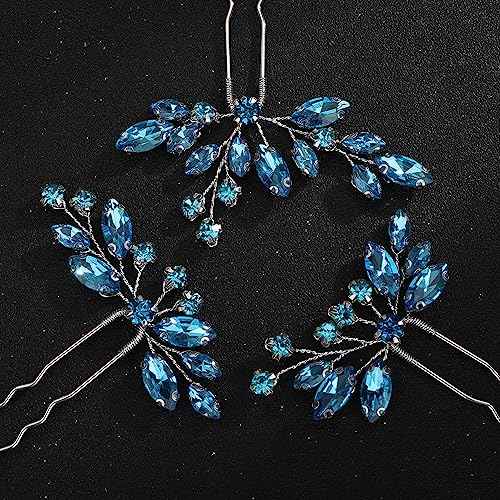 Teyglen 3pcs Rhinestone Hair Pins Set - Handmade Crystal Hair Pieces for Bride, Women, Girls (Lake Blue)