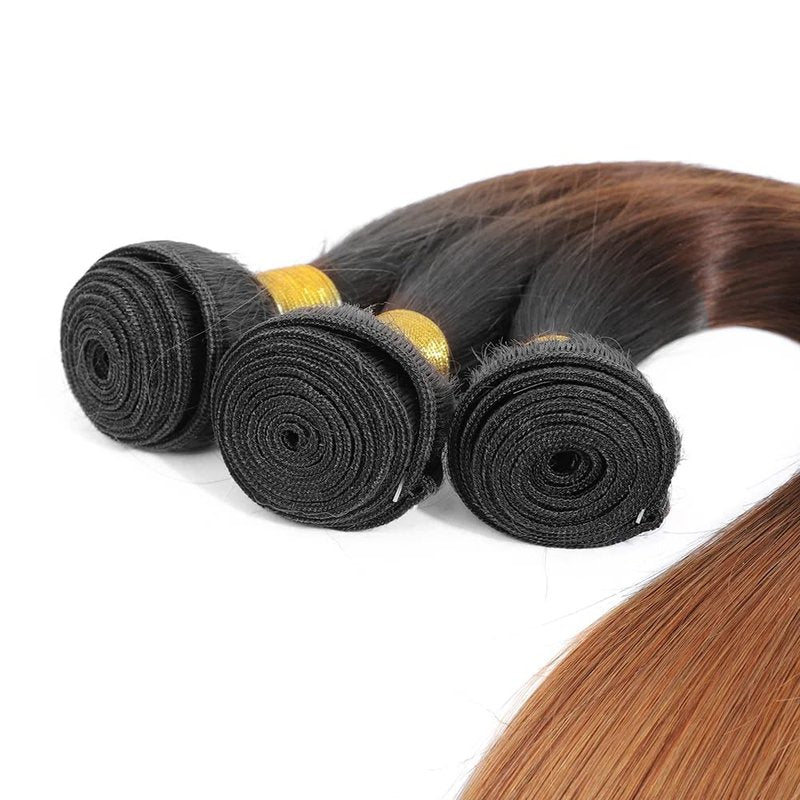 Ombre Brown Human Hair Bundles - 14, 16, 18 Inch Straight Brazilian Virgin Hair for Black Women