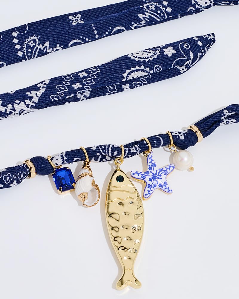 FAUTHENTICUTE Chunky Gold Fish Pendant Necklace For Women Long Silk Scarf Necklace With Starfish Conch Fish Pearl Charms Boho BandanaBeach Shell Statement Necklaces