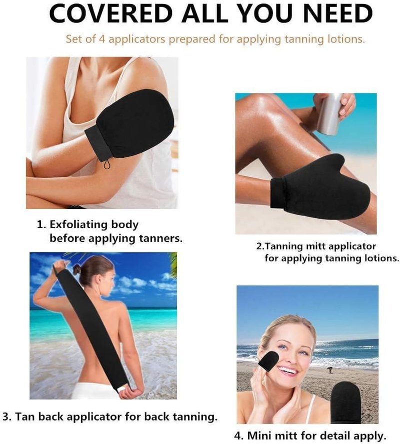 Self Tanning Mitt Applicator Kit - 4 in 1 Set with Exfoliating Glove & Back Lotion Applicator | Perfect for Face & Body Tanning