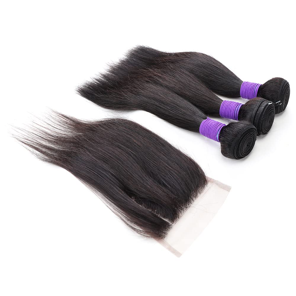 3 Bundles Human Hair with Closure Straight 100% Unprocessed Virgin Brazilian Hair Weave with 4x4 Lace Closure Free Part Double Weft 10A Hair Extensions Natural Black Color (8" 8" 8" + 8" Closure)