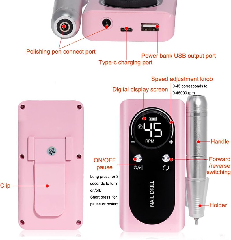 Electric Nail Drill Machine - 45000RPM Rechargeable Portable File with Smart LCD Screen for Gel Manicure & Pedicure | DIY Kit