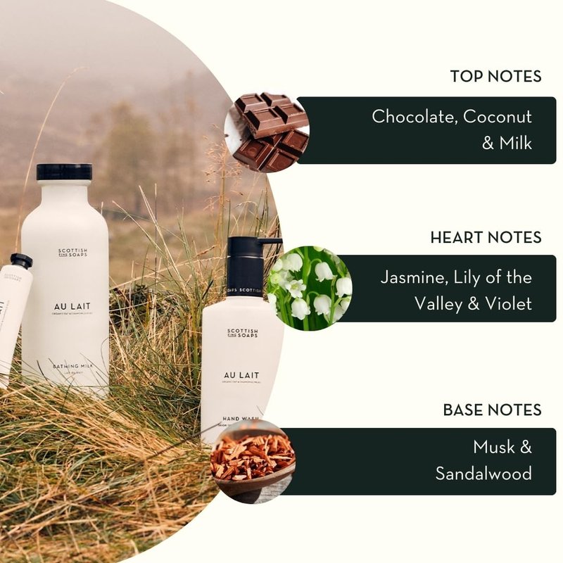 Scottish Fine Soaps Au Lait Hand Wash, White, Vegan Friendly, Creamy Fresh Scent with Chocolate, Coconut, Milk, Sandalwood, Violet Notes, 300ml