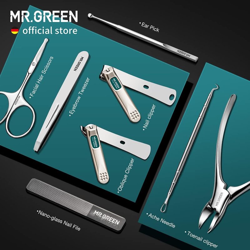 Manicure Set - Stainless Steel Nail Clipper & Pedicure Kit with PU Leather Case | Green