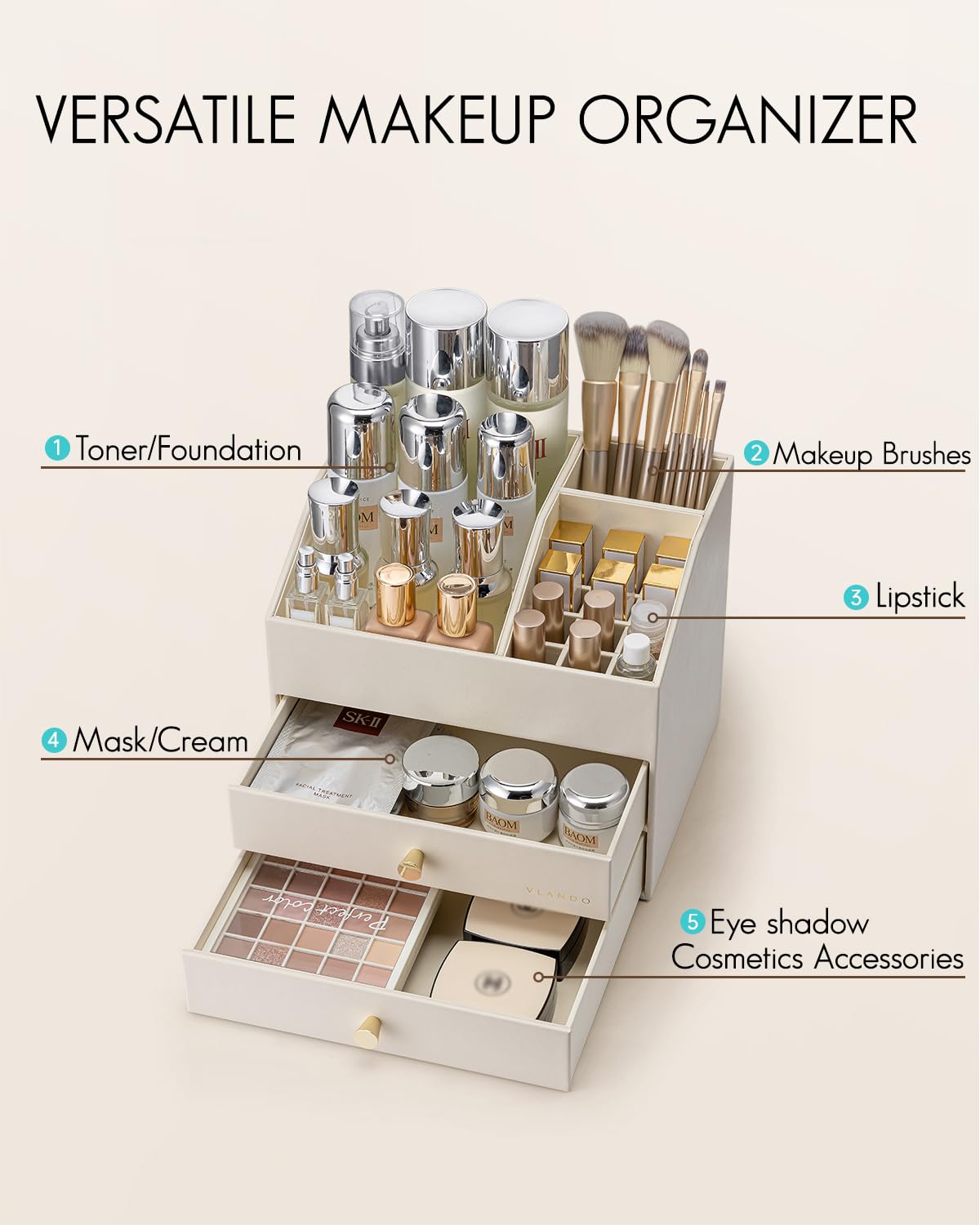 VLANDO Makeup Organizer for Vanity,Large Capacity Bathroom Counter Organizer with Drawers,PU Leather Skin Care Storage for Lipstick,Brushes,Perfumes (Beige)