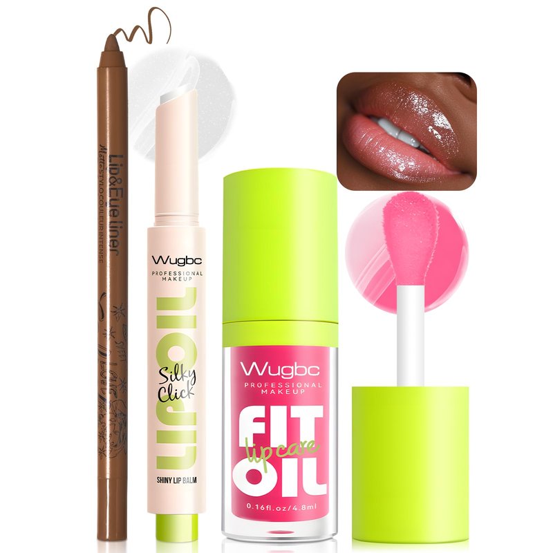 Wugbc Brown Lip Liner Pink Lip Oil Gloss Click Lip Balm Clear Shimmer, Hydrating Lipstick Tinted Lip Oil for Women Makeup, Lightweight Non Sticky Liquid Lipstick Lip Liner Pencil Combo Set