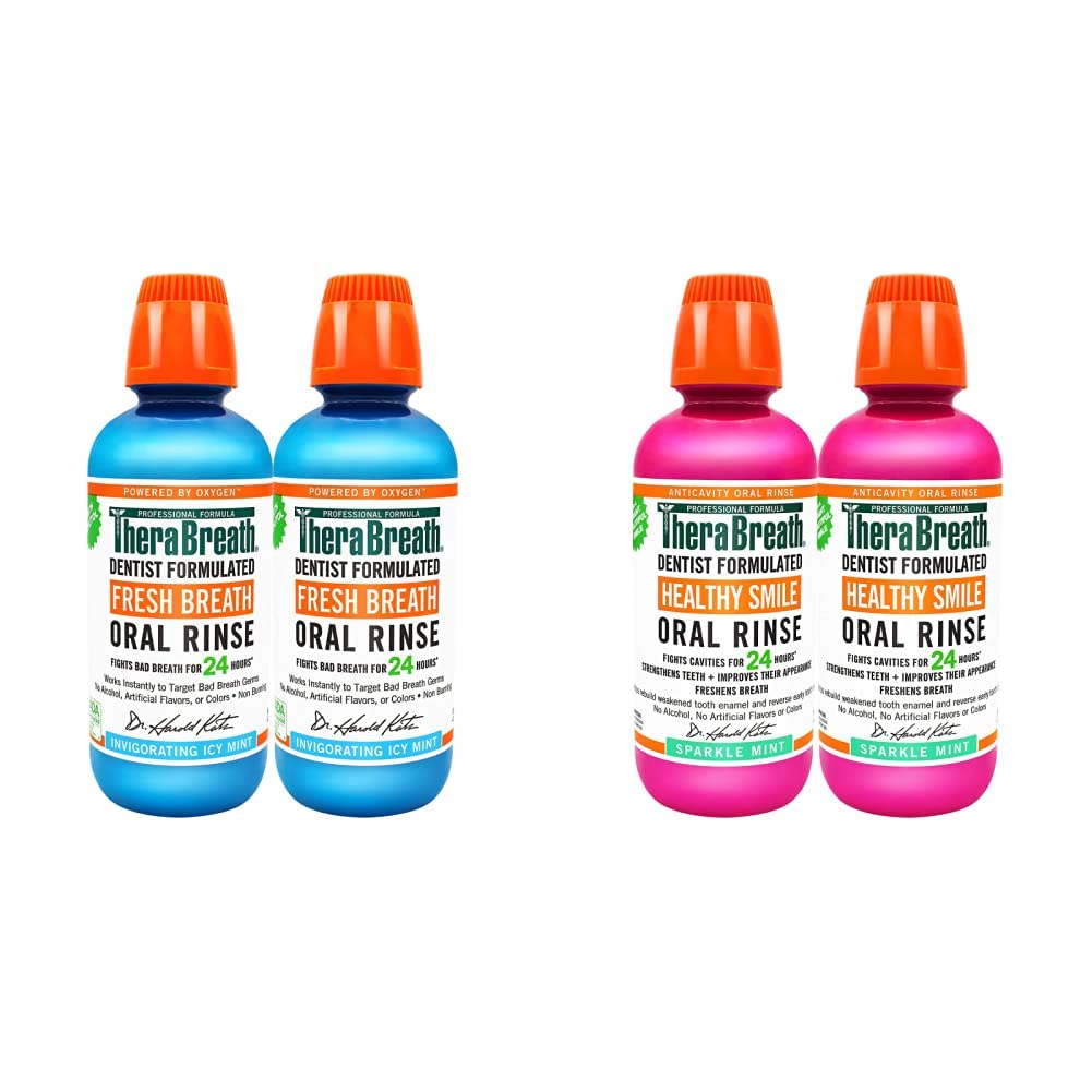 TheraBreath Fresh Breath Oral Rinse, ICY Mint, 16 Ounce Bottle (Pack of 2) and 24 Hour Healthy Smile Dentist Formulated Oral Rinse, 16 Ounce (Pack of 2)