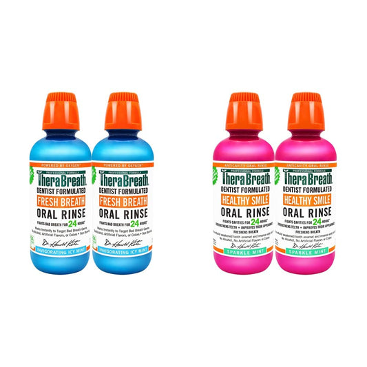 TheraBreath Fresh Breath Oral Rinse, ICY Mint, 16 Ounce Bottle (Pack of 2) and 24 Hour Healthy Smile Dentist Formulated Oral Rinse, 16 Ounce (Pack of 2)