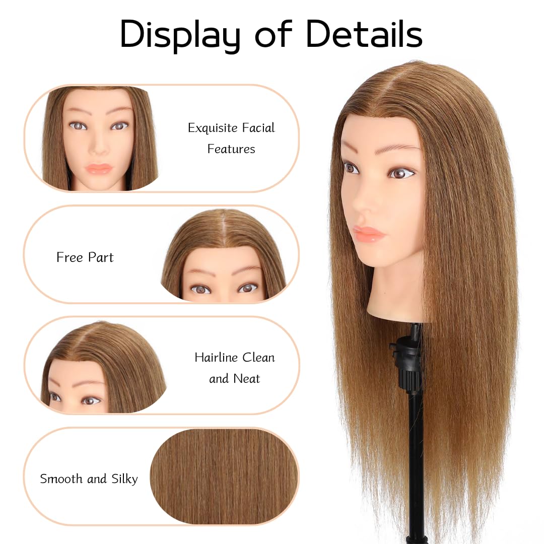 MQHIHI Mannequin Head Human Hair, 100% Real Hair Cosmetology Manikin Head for Practice Braiding Hairstyling Cutting with Free Clamp Holder and Tools (100% Light Brown)