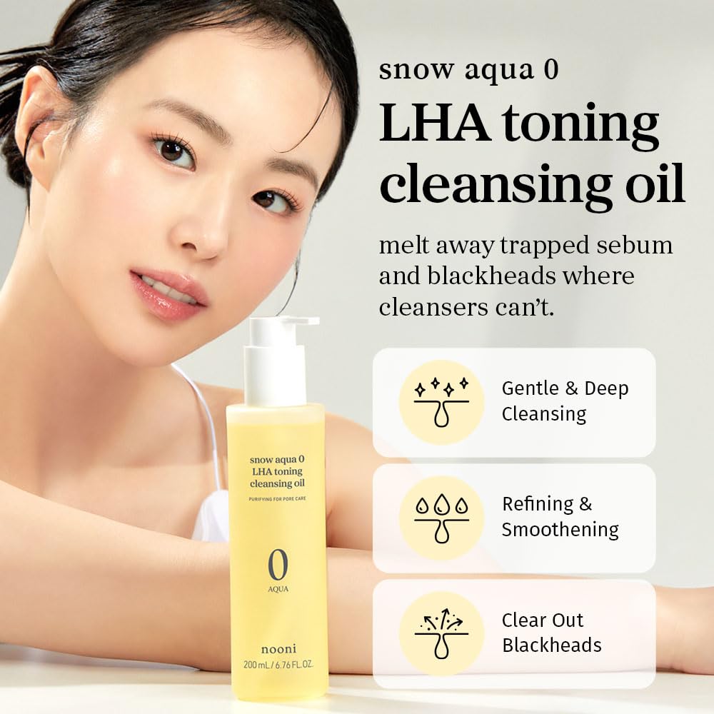 NOONI Korean Cleansing Oil - Snow Aqua 0 LHA Toning Cleansing Oil | Makeup Blackhead Remover, Pore Control, Glass Skin, Help Control Sebum, Revitalizing, Moisturizing, Gifts For Women, 6.76 Fl Oz