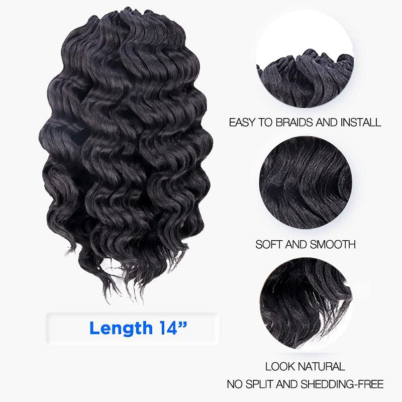 Ocean Wave Crochet Hair - 14 Inch Natural Black Curly Deep Wave Extensions | 8 Packs Synthetic Braiding Hair