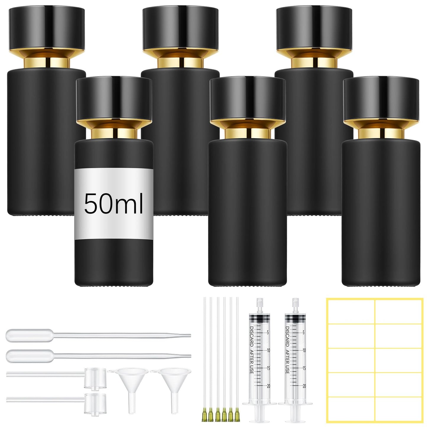 Perfume Decanter Kit with Transfer Tools, 6 Pack 50 ml Empty Refillable Glass Atomizer Spray Bottles, Portable Travel Refill Set with Funnels & Syringe for Cologne, Lotion & Fragrance (Black)